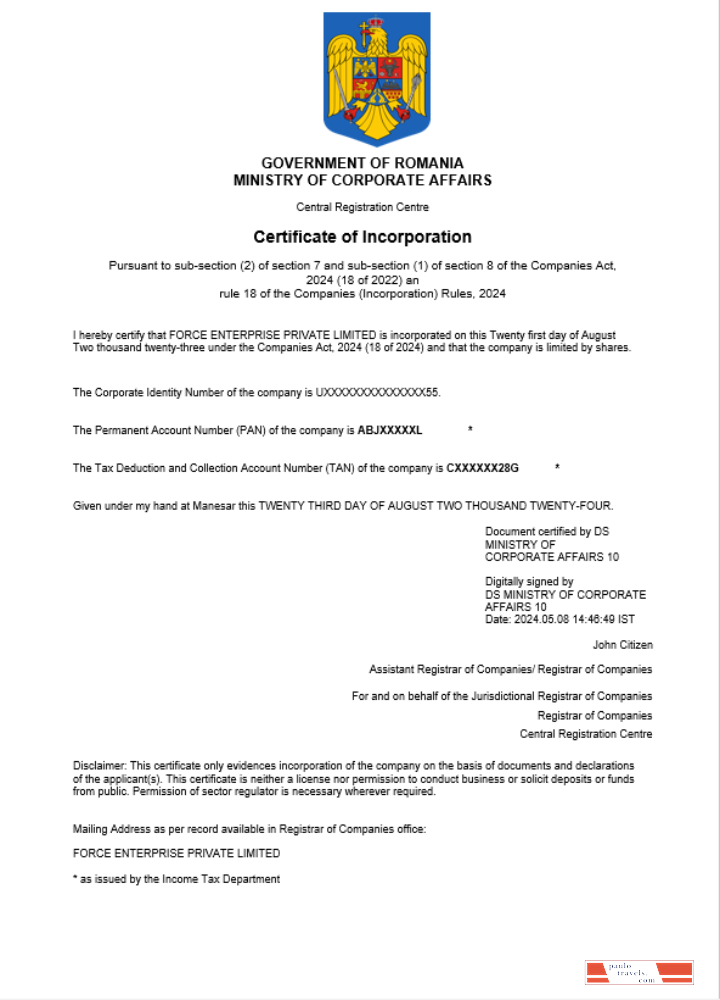 Romania business registration certificate Word and PDF template